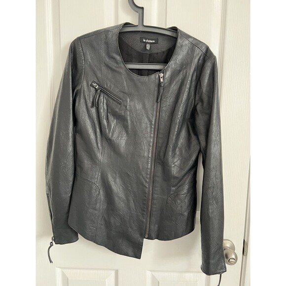 Le Chateau Womens Genuine Leather Moto Jacket Medium Black Asymmetrical Zipper - Picture 2 of 9